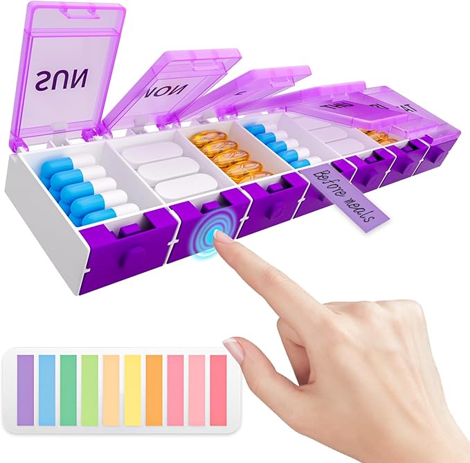 Push Button Weekly Pill Organizer, Medicine Pill Organizer with Label, Pill Box Case 7 Day BPA-Free, Pill Container for Vitamins, Fish Oil, Supplements Medication (Purple)