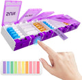 Push Button Weekly Pill Organizer, Medicine Pill Organizer with Label, Pill Box Case 7 Day BPA-Free, Pill Container for Vitamins, Fish Oil, Supplements Medication (Purple)