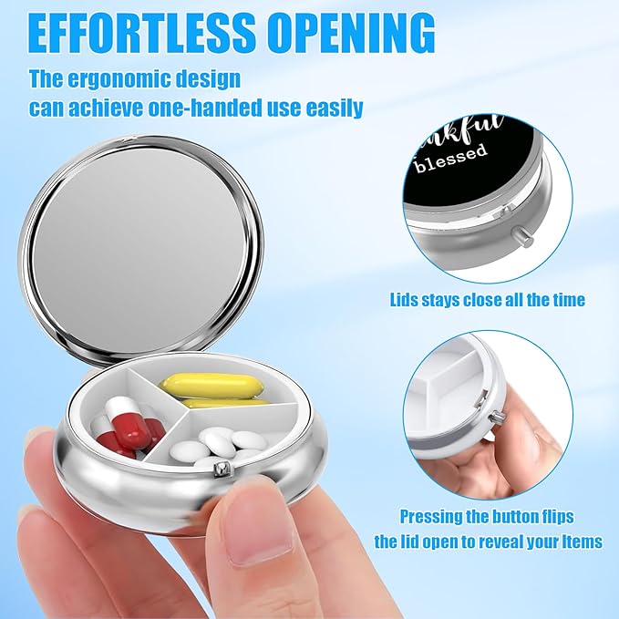 Thankful Grateful Blessed Pill Case, Pill Box 3 Compartments Metal Small Pill Holder with Mirror Mini Travel Pill Container for Purse Pocket Women Men