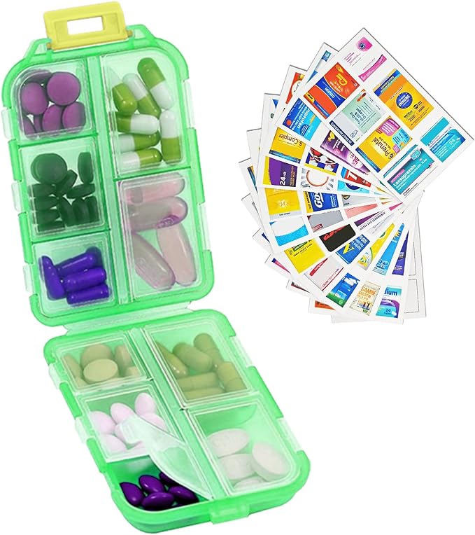 INVODA 7-Day Pill Organizer with Medicine Labels Travel Pill Case Compact, Portable Medication Organizer for Daily Use (3.7 x 2.4 x 1.18 Inches)
