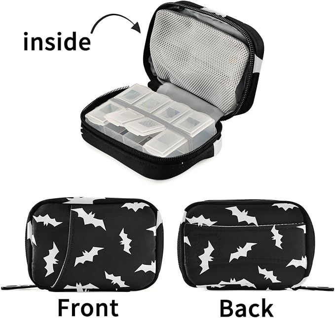 Halloween Bats Pill Box 7 Day Pill Case Travel Pill Organizer Bag with Zipper Portable Weekly Vitamin Medicine Supplement Holder Pouch Bag