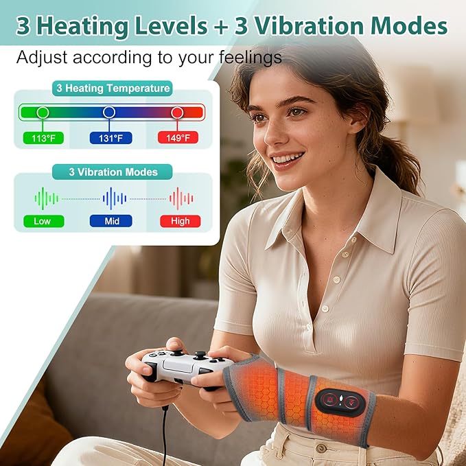 Wrist Heating Pad with Massage, Cordless Wrist Hand Heating Pad for Pain Relief, Red Light Heated Wrist Wrap with 3000mAh Battery, Vibration and Adjustable Heat Settings - Left Right Hand