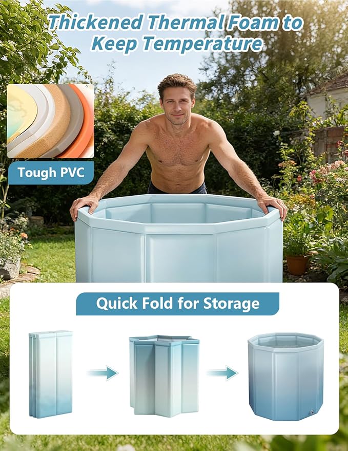 Portable Bathtub for Adults, Collapsible Freestanding Bathtub for Shower, Hot Ice Bath Tubs with Thickened Thermal Foam to Keep Temperature, PVC Outdoor Soaking Tub (Gradient Blue)