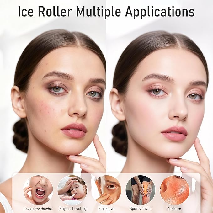 Ice Roller for Face, Reusable Facial Ice Roller for Eyes, Face, and Neck, 2 in 1 Massage Roller with Ice Face Mold and Silicone Textured Roller Head for Skin Care and Puffiness & Pain Relief, Pink