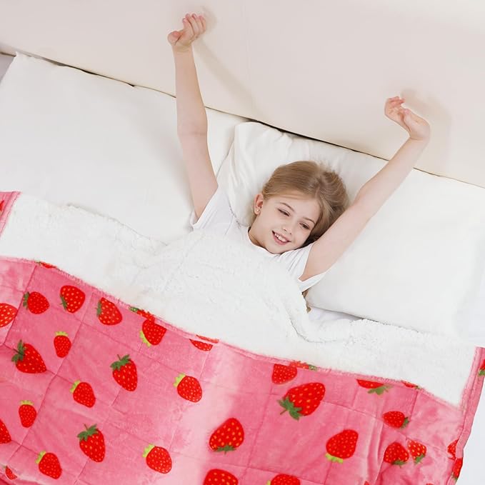 Aemicion Kids Weighted Blanket 7 pounds Twin Size 41"x 60",Soft Sherpa Fleece Heavy Blanket for Sleeping Perfect for 60-90lbs, Cute Strawberry Pink Weighted Throw Blanket as Gifts for Daughter Girls