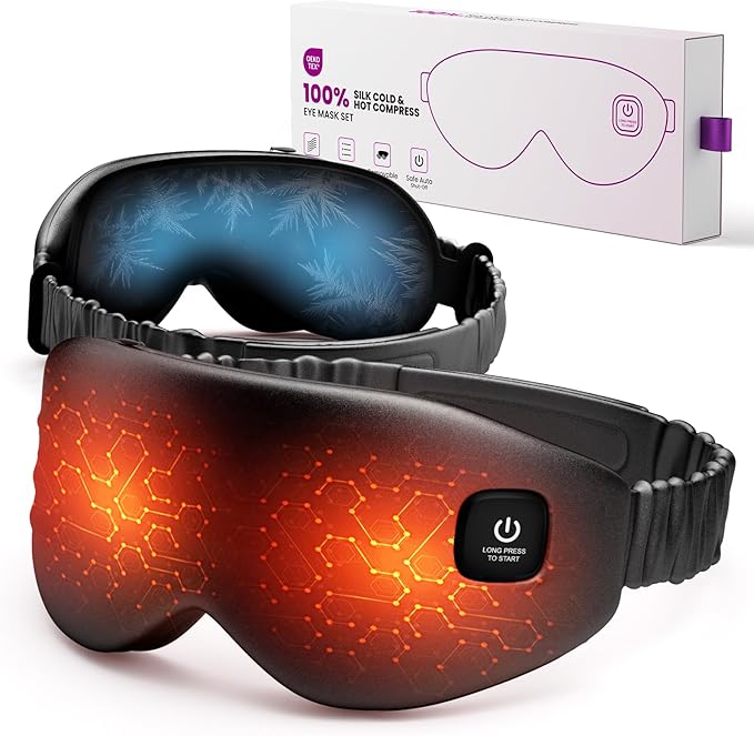 100% Silk Wireless Heated Eye Mask with Cooling - 3 Heat Settings, for Dry Eyes, Puffiness & Dark Circles - Adjustable, Washable, Travel-Friendly (Black)