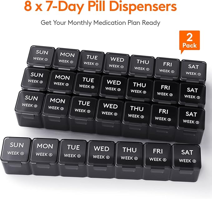 Lifewit Monthly Pill Organizer, 28 Day Pill Box, 4 Weeks One Month Vitamin Cases, Large Compartments Medicine Organizer for Fish Oils, Supplements, 56 Grids, Black