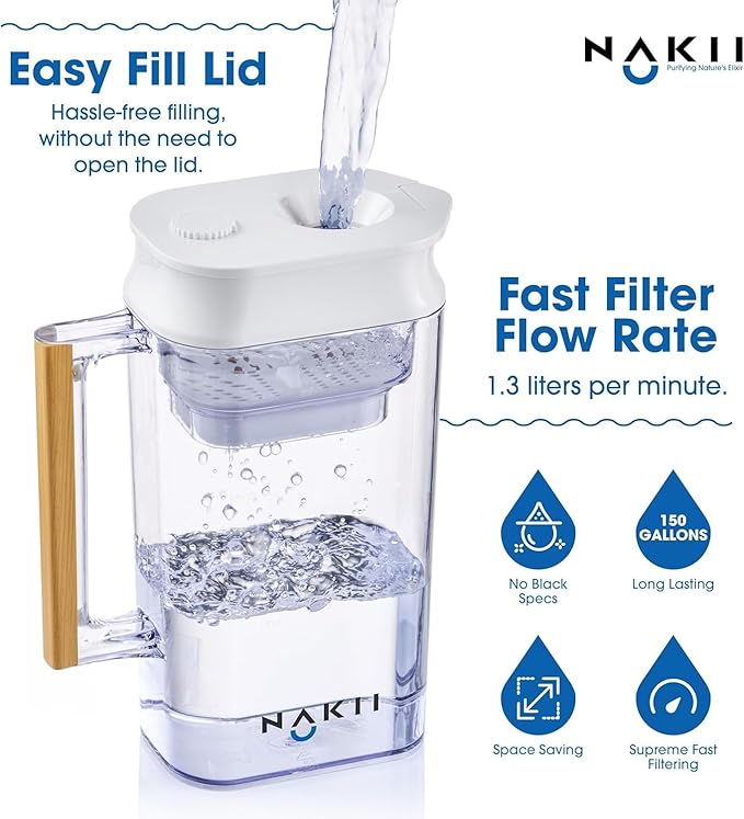 Water Filter Pitcher - Long Lasting 150 Gallons, Supreme Fast Filtration and Purification Technology, Removes Chlorine, Metals for Clean Tasting Drinking Water, WQA Certified,