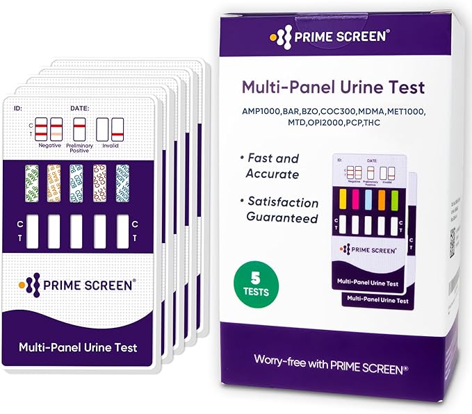 Prime Screen [5 Pack] 10 Panel Urine Drug Test Kit - Testing Instantly for THC (Marijuana), BZO (Benzos), MET (Meth), PCP (Phencyclidine), MTD, AMP, BAR, COC, OPI, MDMA - WDOA-3104