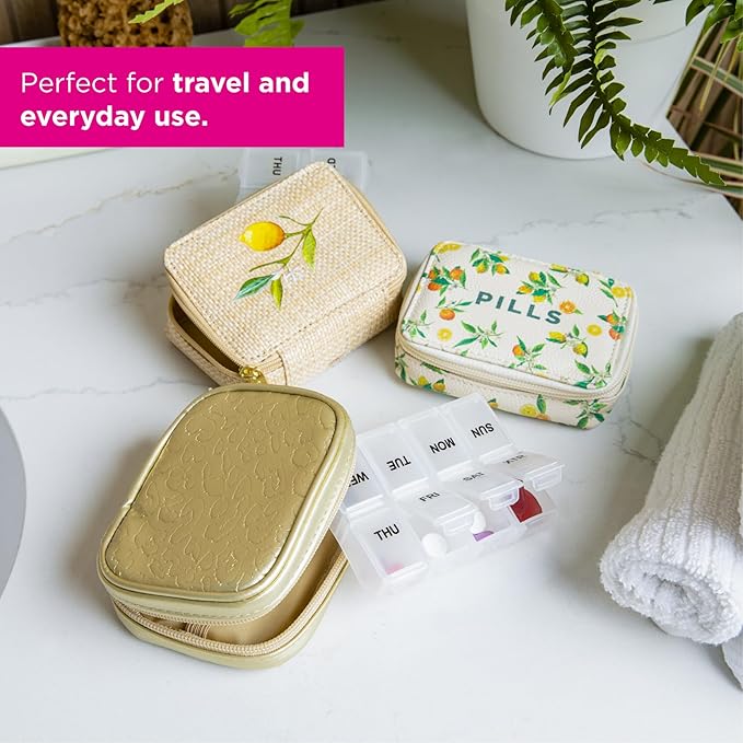 Miamica Women's Zippered Pill Case with 8-Day Removable Plastic Organizer, Beige, 3.5” x 2.75” x 1.25" – Weekly Medicine Box w/Compact Design
