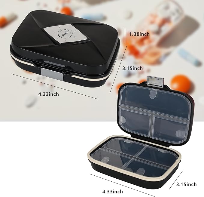 Weekly Pill Organizer, 7 Compartment Travel Pill Case with Rotatable Dose Recorder, Daily Waterproof Airtight Medicine Box for Vitamins & Supplements, Black Small, Black Large