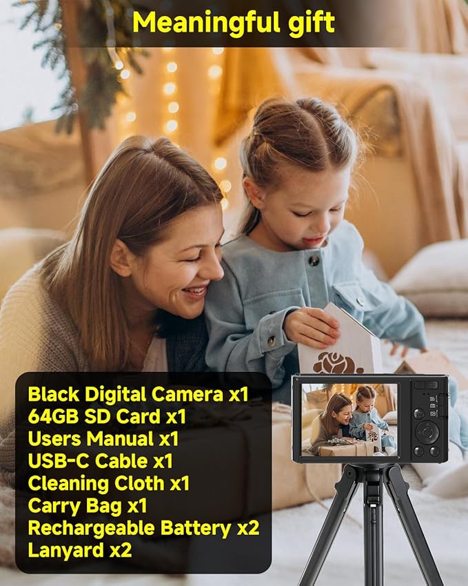 Black Digital Camera 4K for Teens with 16X Zoom Auto Focus, Small Compact Portable Point and Shoot Boys/Girls Student Digital Camera with 64G SD Card, 2 Batteries