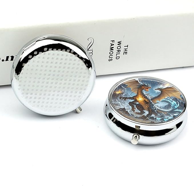 Fire and Ice Dragons Pill Box Travel Pill Case for Purse Pocket Weekly Medicine Organizer with Mirror 3 Compartment Round Medicine Case Portable PillcaseHolder for Daily