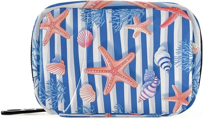Blue Stripes Starfish Seashells Corals Travel Pill Organizer Case Box Container Weekly Portable Vitamin Medicine Holder Storage Bag with Zipper Removable