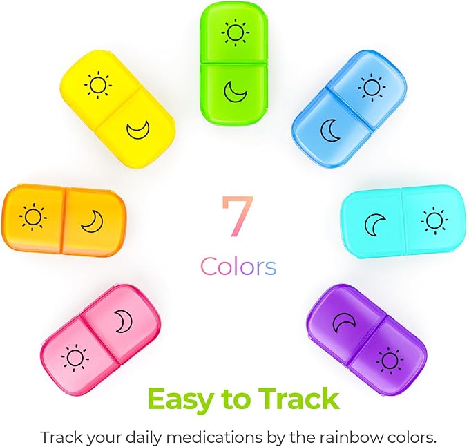 AUVON XL Weekly Pill Organizer 2 Times a Day with Large Opening for Easy Filling, AM PM Pill Box 7 Day in Rainbow Colors, Portable Travel Pill Case for Medication, Vitamins, Fish Oils, Supplements