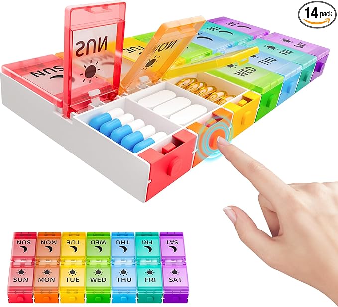Push Button Weekly Pill Organizer 2 Times a Day, Medicine Pill Organizer, Pill Box Case 7 Day AM PM BPA-Free, Pill Container for Vitamins, Fish Oil, Supplements and Medication