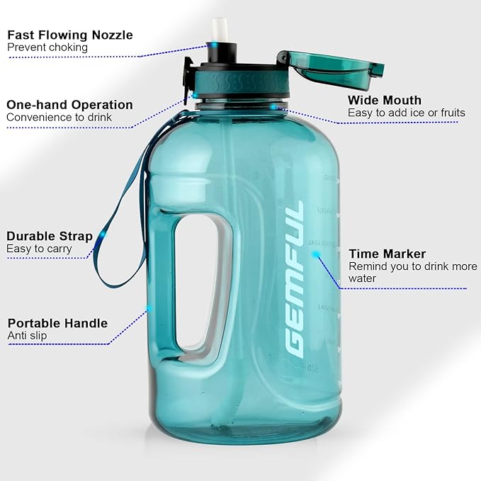 GEMFUL 3 Liter Water Bottle with Straw 101oz BPA-Free Leakproof Time Marker Handle for Gym Sports Large Motivational Jug for Men Women (Cyan with Removable Straw)