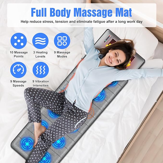 Full Body Massage Mat with Heat,Electric Massage Pad with Shiatsu Neck Back Massage Pillow,Massage Mattress Chair Pad W/ 10 Vibration Motors 3 Heating Levels for Neck,Back&Full Body Pain Relief
