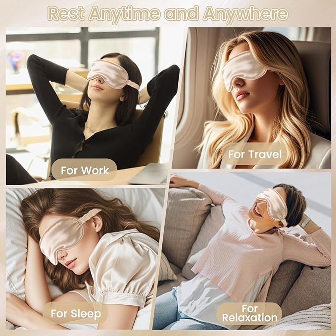 100% Pure Mulberry Silk Eye Mask - 22 Momme Adjustable Strap, Light Blocking, Silk Storage Bag & Gift Box - for Sleep/Travel/Gift, Sensitive Skin Friendly (Champagne)