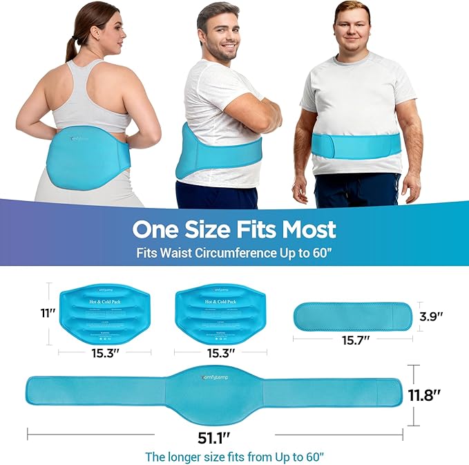 Comfytemp Extra Large Ice Pack for Back Pain Relief, 2 Pcs, Sciatica Ease Brace, Reusable Gel Lower Back Ice Wrap for Injury, Hot Cold Compress for Lower Lumbar, Waist, Men Women After Surgery (Blue)