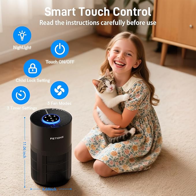 Air Purifiers for Bedroom Home, Quiet Air Cleaner With Sleep Mode Night Light, Small Air Purifier Covers Up to 1200ft², 360° Air Intake, 3 Speeds, Timer, Aroma Function, Black