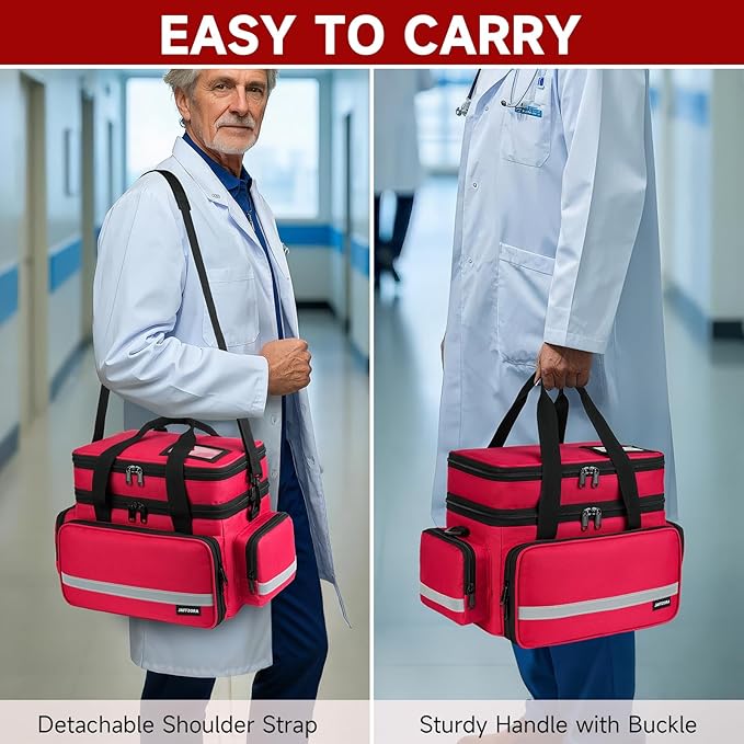 Large Pill Bottle Organizer, Double Layers Medicine Storage Bag with Lockable Zippers and Shoulder Strap,Medication Travel Bag for Prescription Bottles, Vitamins & Medical Supplies, Red (Bag Only)