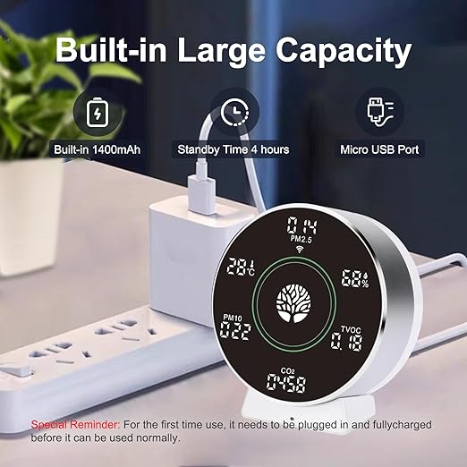 8-in-1 IAQ SensorsWireless, Air Quality Monitor Indoor,CO2 TVOC Temperature Humidity PM2.5 etc.LED Screen Battery Powered,App for Configure Data History,2.4Ghz WiFi Portable Meters for Travel