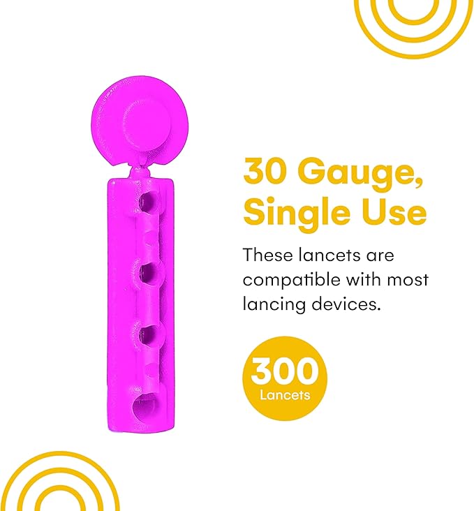 Lancets for Diabetes Testing - 30 Gauge Diabetic Lancets for Blood Testing and Glucose Testing - Fits Most Lancing Devices - Sterile, Single Use 30g Blood Sugar Lancets - Multicolored - 300 count
