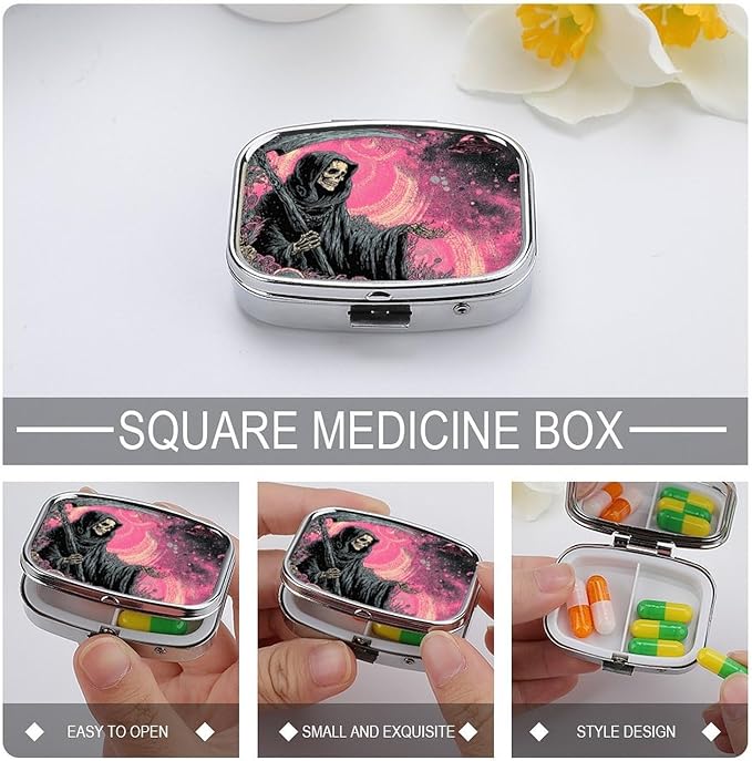 Metal Pill Organizer – 2-Compartment Pocket Pill Box for Vitamins, Supplements, Medications – Compact Travel Case (Grim Reaper in Cosmic Pink)