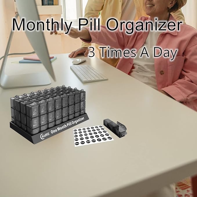 Monthly Pill Organizer 3 Times A Day, One Month Pill Box Organizer Morning-Noon-Night, 31 Day Pill Organizer with 32 Daily Compartments for Fish Oil, Vitamins, Supplements and Medications,Black
