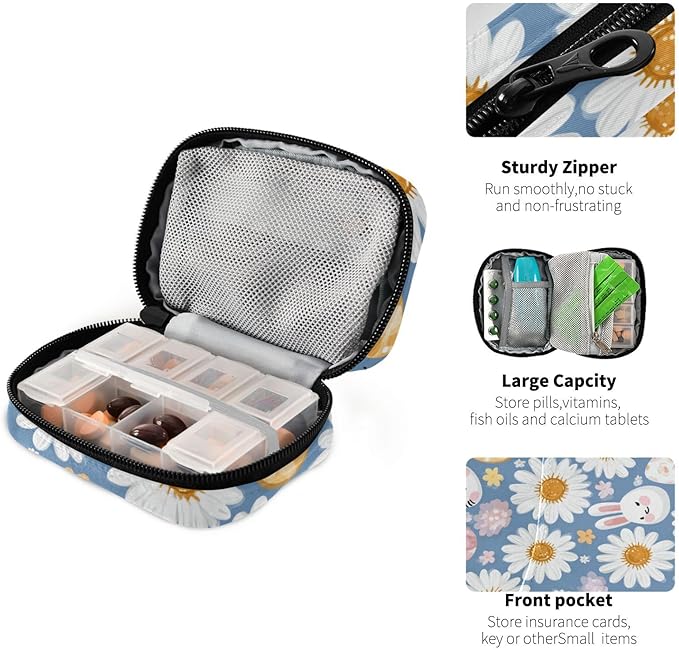Daisy Bunny Travel Pill Organizer Case Box Container Weekly Portable Vitamin Medicine Holder Storage Bag with Zipper Removable
