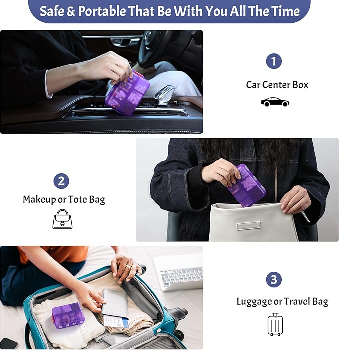 NEW Foldable & Double Protection Portable Weekly Pill Organizer 2 Times A Day with Etched Labels, AM PM 7 Day Week Medicine Box, Daily Travel Pill Case Dispenser for Vitamin, Supplement - Clear Purple