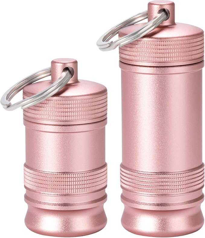 Portable Keychain Pill Holder Case - Small Waterproof Aluminium Alloy Portable Pill Box, Metal Pill Container for Purse Daily Medicine Carrier Organizer Bottle for Outdoor Camping Travel 2 Pack Pink