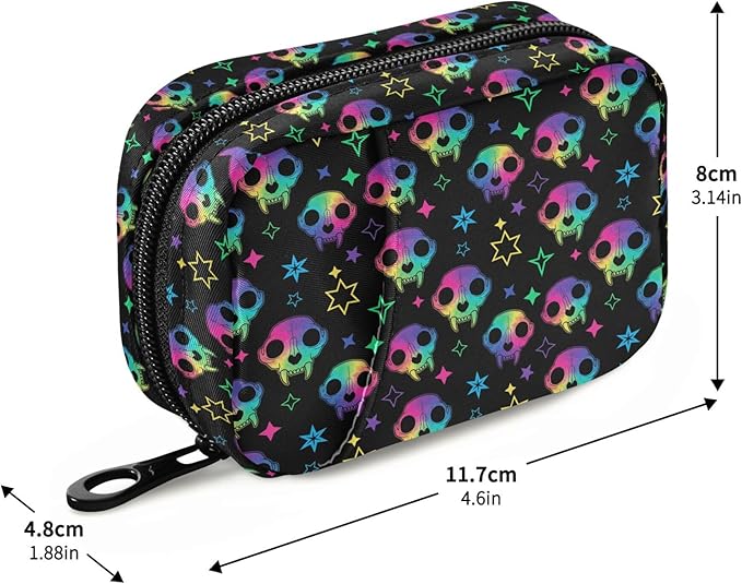 Travel Pill Organizer Bag Weekly Pill Organizer Case Goth Magic Skulls Portable Small Daily Pill Boxes for Vitamin Fish Oils Supplement Holder with Zipper Compact Size