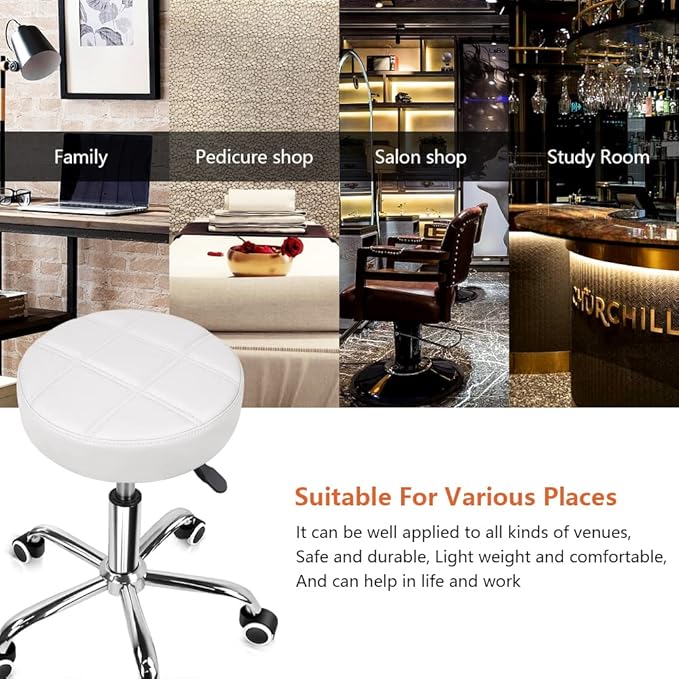 KKTONER Round Rolling Stool Chair PU Leather Height Adjustable Shop Stool Swivel Drafting Work SPA Salon Stools with Wheels Office Chair (White)