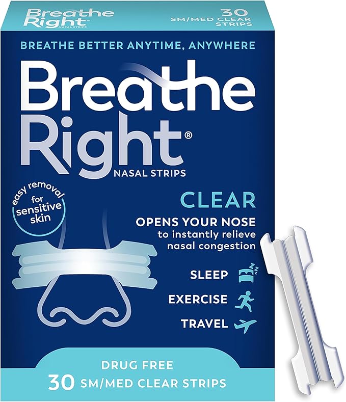 Breathe Right Original Nasal Strips Clear Sm/Med For Sensitive SkinDrug-Free Snoring Solution & Nasal Congestion Relief Caused by Colds & Allergies 30 ct (Packaging May Vary)