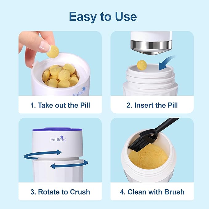 Fullicon Pill Crusher Fine Powder, Stainless Steel Grinder Head, 2-in-1 Medicine Crush with Storage, Small Pill Grinder for Pets, Elderly & Kids (Blue White)