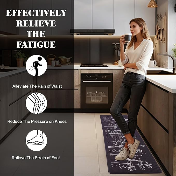 Mirok Washable Anti Fatigue Mat for Cushioned Floor Mat,Floral Plants Bee Non-Skid Ergonomic Comfort Foam Rugs,Non Slip Kitchen Rug(Flowers/Grass,17"x47")