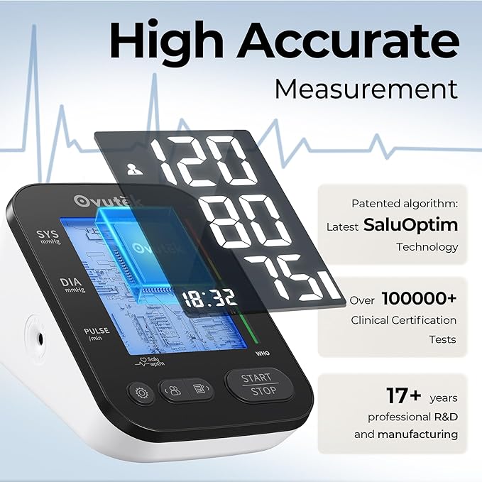 Ovutek Blood Pressure Monitors for Home Use, Automatic Digital Blood Pressure Cuff with Large Cuff, 2 Users x 120 Sets Memory, Manual Arm Blood Pressure Machine with Backlight (Black)