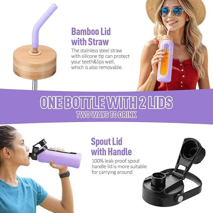 Kodrine Water Bottle with Straw, 24 oz Glass water Bottle with 2 Lids Bamboo Straw Lid and Spout Lid with Handle, 32 oz Clear Water Bottle Glass for Sports Travel, Waterbottle with Time Marker