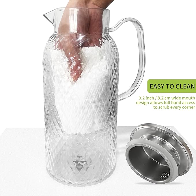 2 Pack Plastic Pitcher with Lid and Handle, 60 oz Clear Water Jug, BPA-Free Ice Tea Pitchers for Lemonade, Milk, Juice, Home, Office
