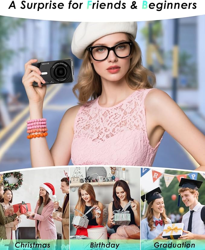 4K Digital Camera, Wevoor 64MP Point and Shoot Digital Camera with Autofocus, 18X Zoom, 20 Filters, 64GB SD Card, 2000 mAh battery, 2.8" Screen Compact Vlogging Camera for Beginners Teens Adult(Black)