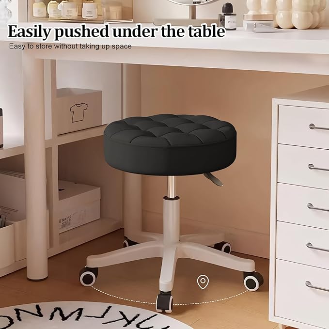 Small Rolling Stool with Wheels, PU Leather Height Adjustable Vanity Work Task Stool, 360 Swivel, Padded Seat Cushion,for Salon, Home, Office