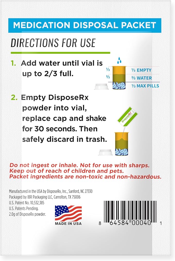 Medication Disposal Packets – 3 Pack – Affordable in-Home Drug Disposal – Renders Pills, Capsules, Liquids Unusable – Simple, Safe, Effective –Trusted by Pharmacies