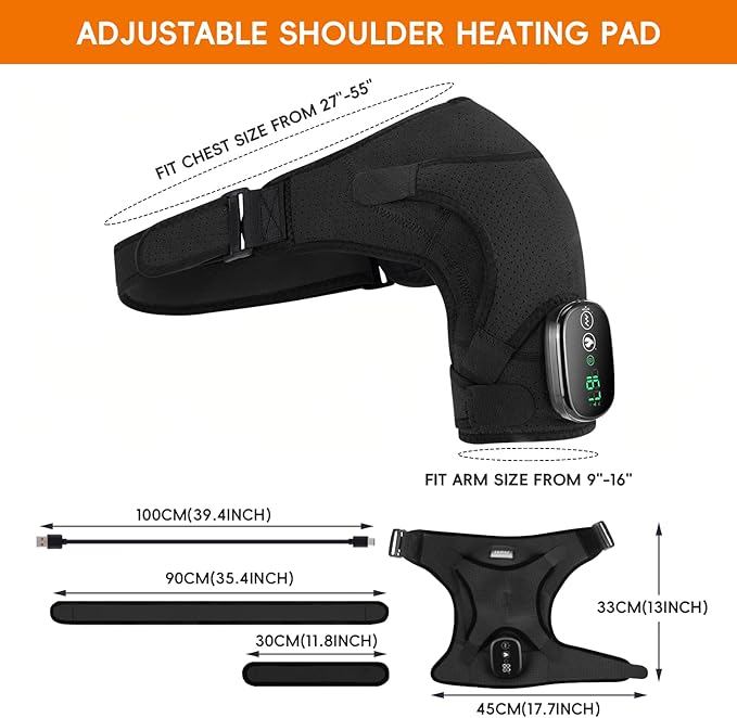 Shoulder Heating Pad, Cordless Electric Heating Pad for Shoulders with 3 Vibration Mode, 3 Heat Adjustable, Portable Heated Wrap for Shoulder Pain Relief, Chrismas Birthday Gift for Women Men