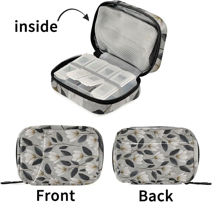 Light Gray Tulips Travel Pill Organizer Case Box Container Weekly Portable Vitamin Medicine Holder Storage Bag with Zipper Removable