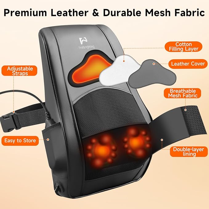 Firebrighting Electric Back Massager with Heat for Office Chair - Shiatsu Deep Kneading Massage Pillow, Back Comfort Support for Meetings and Reading, Adjustable Strap,Gifts for Dad Mom Men Women