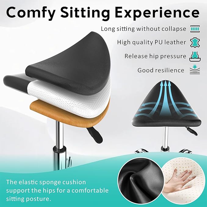 Professional Saddle Stool with Wheels Rolling Saddle Stool with Extra-Wide Base Heavy-Duty Stable Stool Adjustable Height Ergonomic Chair for Office, Workshop, Salon & Clinic