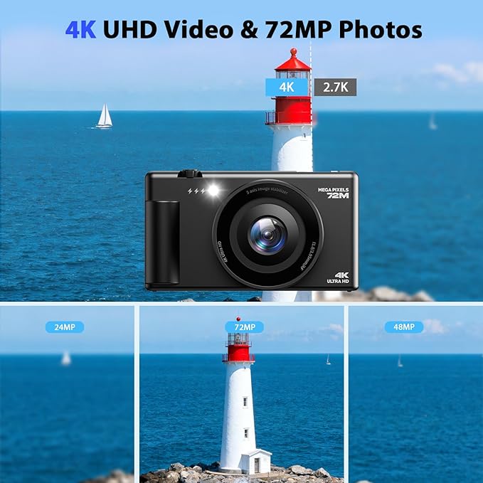 4K Digital Cameras for Photography, Compact Vlogging Camera with Flip Screen, 18X Digital Zoom YouTube Camera, Ideal for Bignners Boys Girls Black