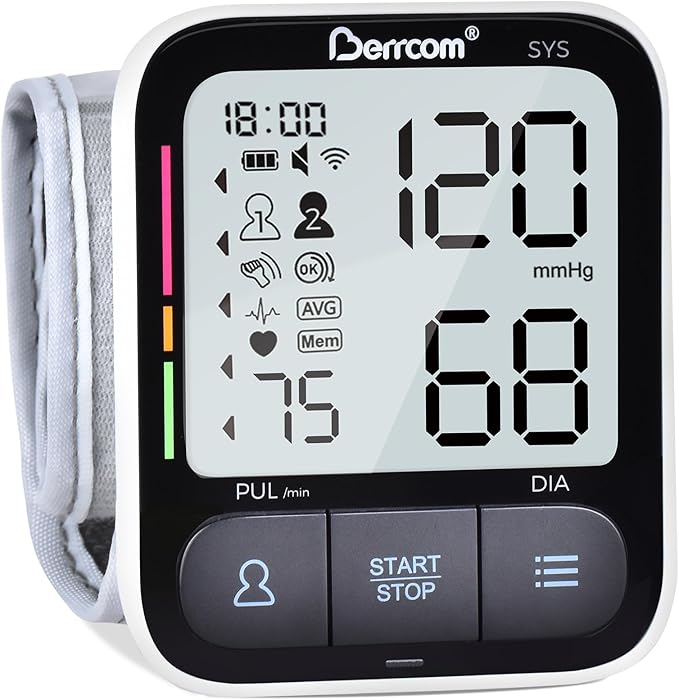Berrcom Wrist Blood Pressure Monitor for Home Use, Automatic Digital BP Machine with Voice Broadcast, Large LCD Display, 2×120 Memory, Portable Case Included